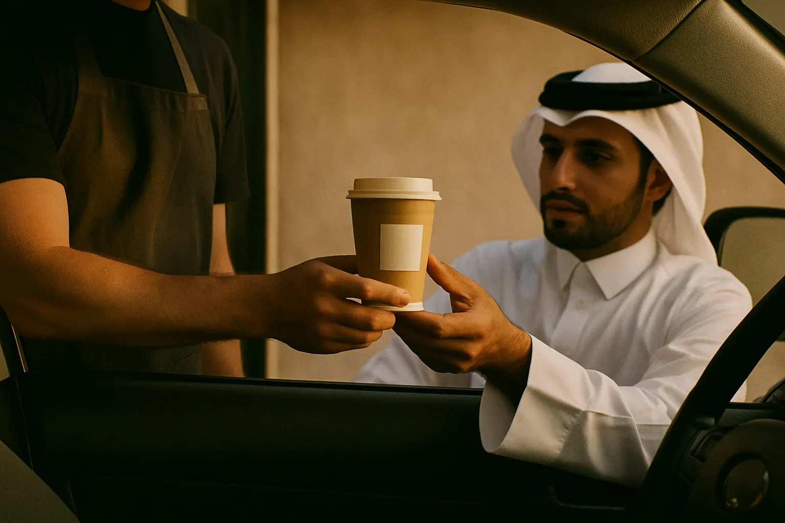 A barista hands a coffee through a car window.