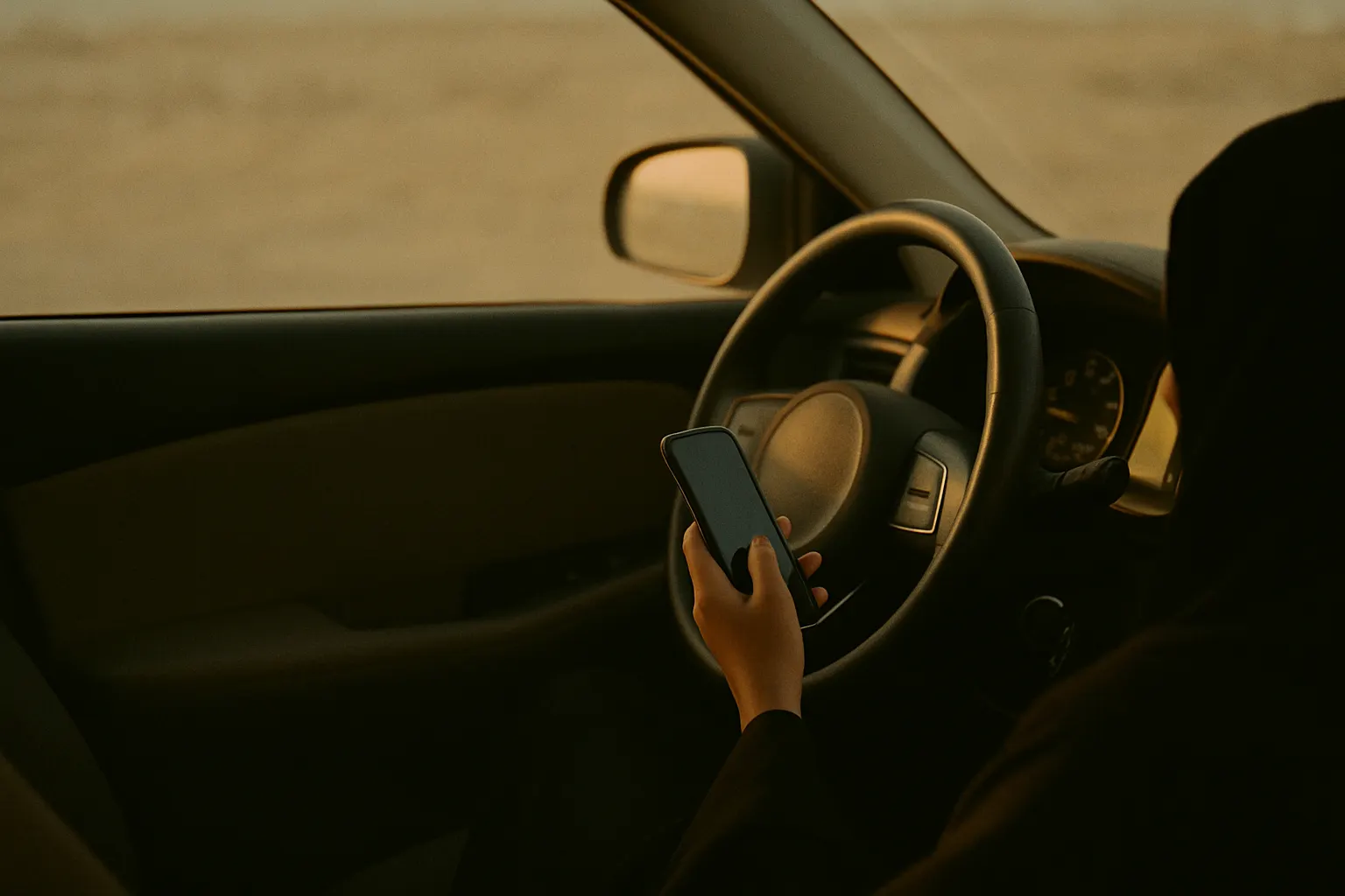 A woman in an abaya holds her phone in a parked car.
