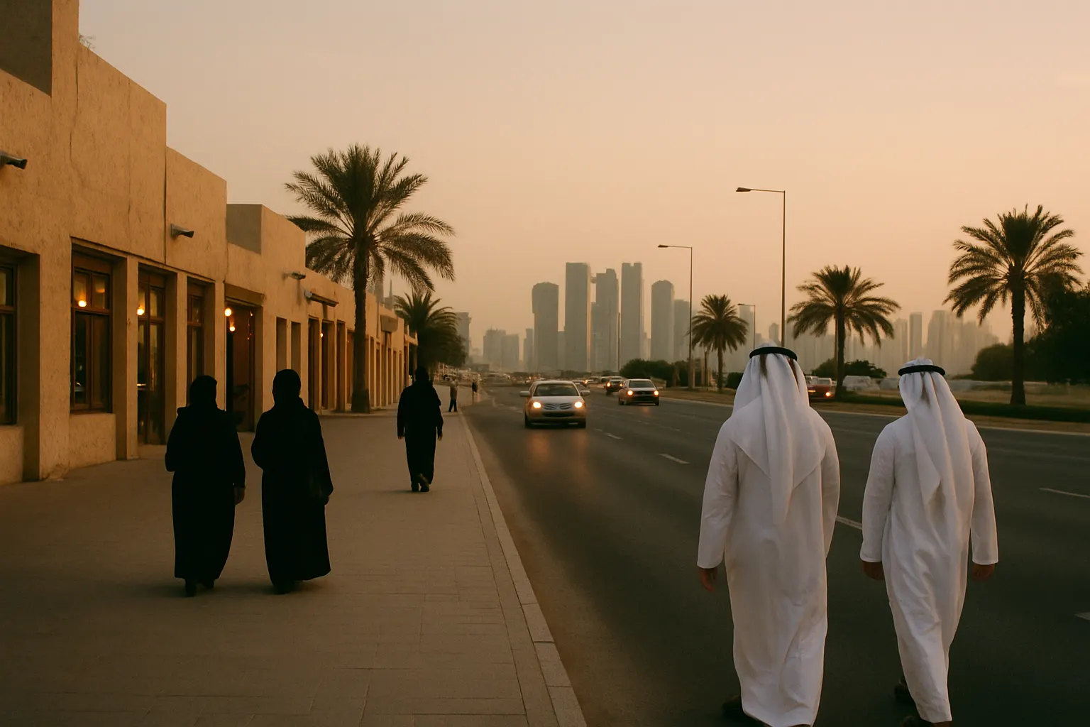 A street in Doha at dusk.