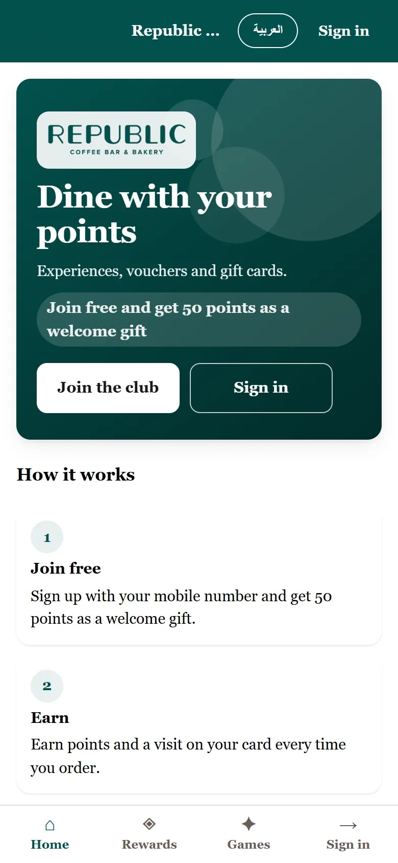 Republic's rewards store home in English.